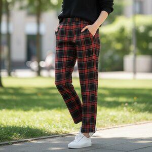 Zara Easy-wear Red Black Tartan Tailored Pant with Pockets - Sz M